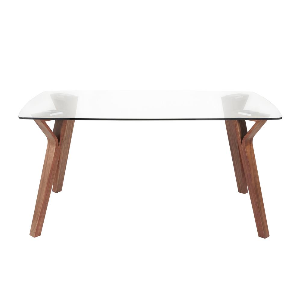 Folia Mid-Century Modern Dining Table in Walnut Wood with Clear Tempered Glass