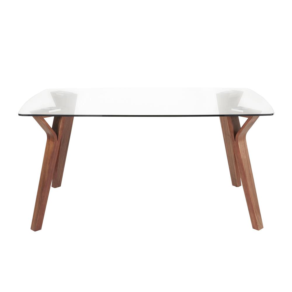 Folia Mid-Century Modern Dining Table in Walnut Wood with Clear Tempered Glass