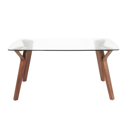 Folia Mid-Century Modern Dining Table in Walnut Wood with Clear Tempered Glass