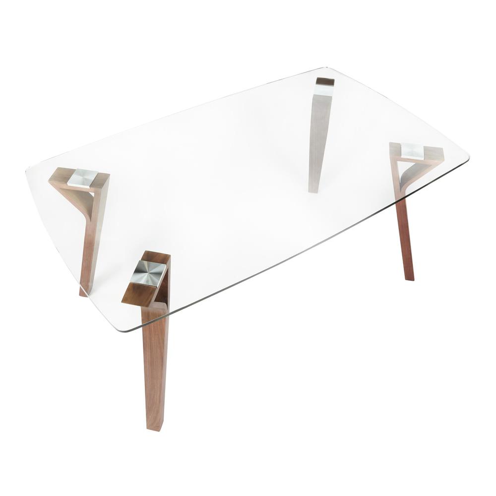 Folia Mid-Century Modern Dining Table in Walnut Wood with Clear Tempered Glass