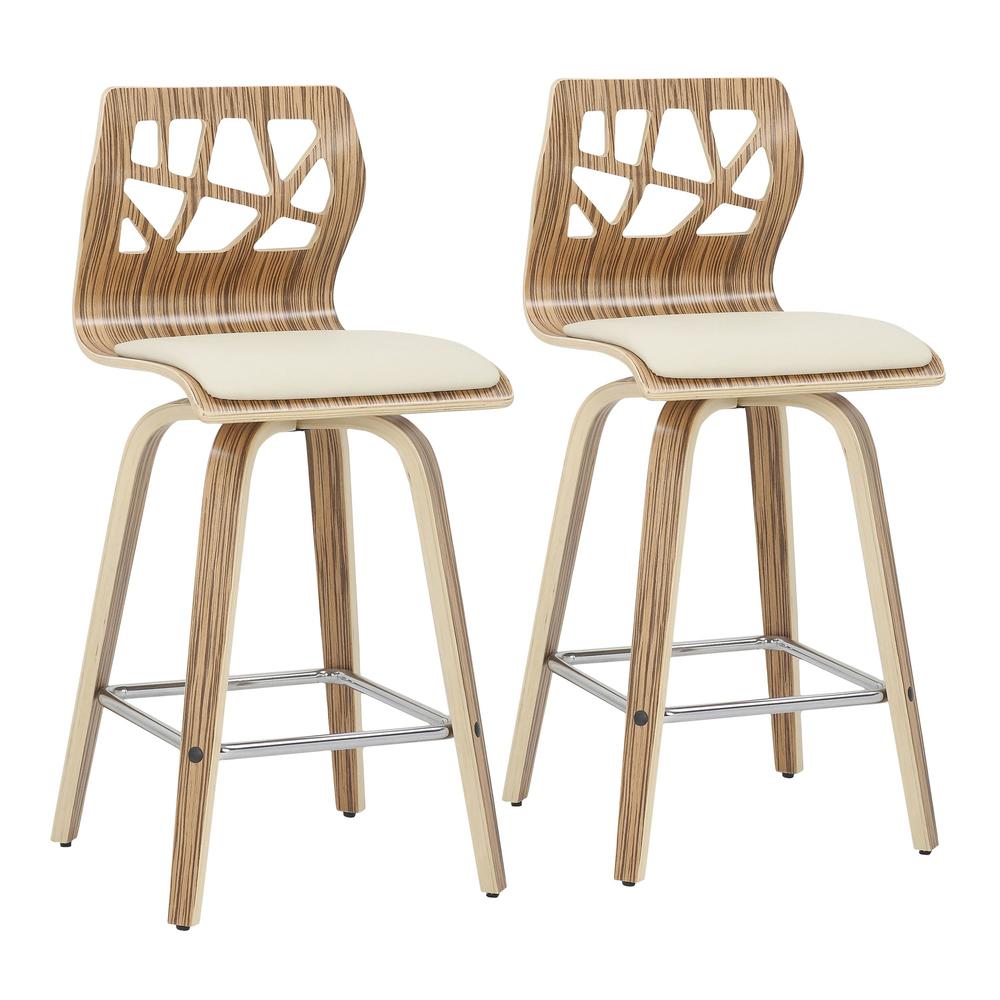 Zebra Wood, Cream PU, Chrome Folia Counter Stool - Set of 2