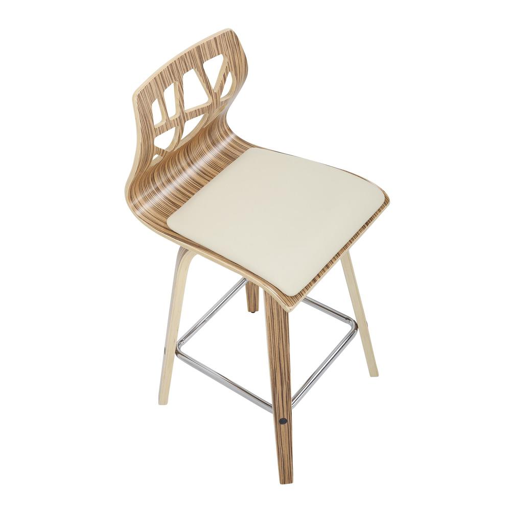 Zebra Wood, Cream PU, Chrome Folia Counter Stool - Set of 2