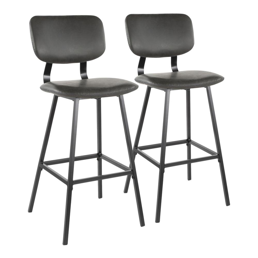 Black Metal, Grey PU, Grey Zig Zag Stitching Foundry Barstool - Set of 2
