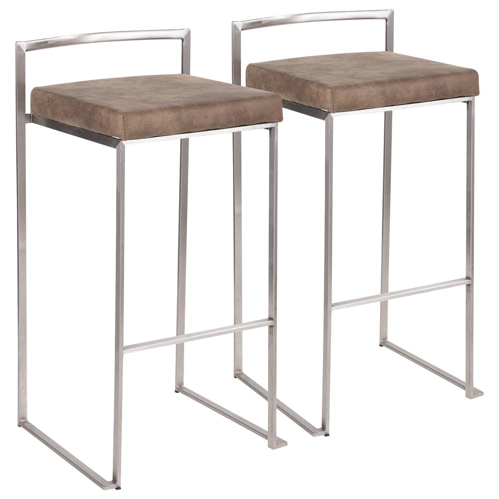 Stainless Steel, Brown Cowboy Fabric Fuji Stacker Barstool - Set of 2