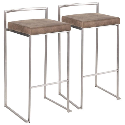 Stainless Steel, Brown Cowboy Fabric Fuji Stacker Barstool - Set of 2