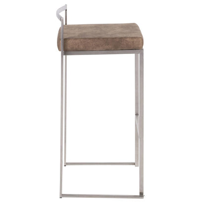 Stainless Steel, Brown Cowboy Fabric Fuji Stacker Barstool - Set of 2