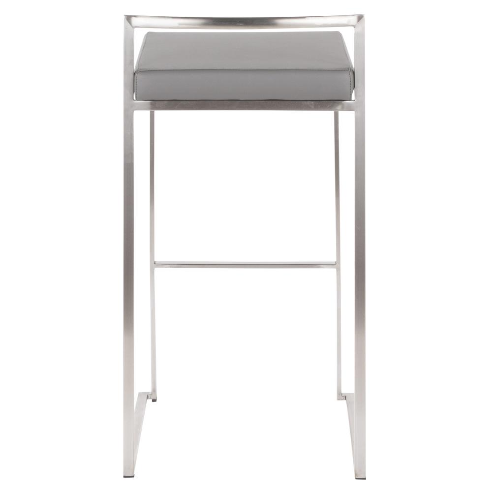 Brushed Stainless Steel, Grey PU Fuji Stacker Barstool - Set of 2