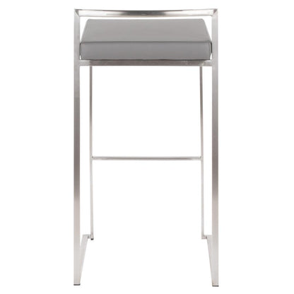 Brushed Stainless Steel, Grey PU Fuji Stacker Barstool - Set of 2