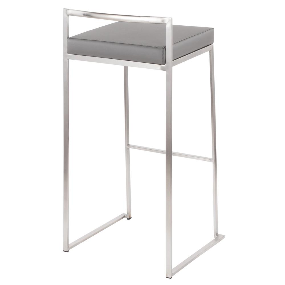 Brushed Stainless Steel, Grey PU Fuji Stacker Barstool - Set of 2