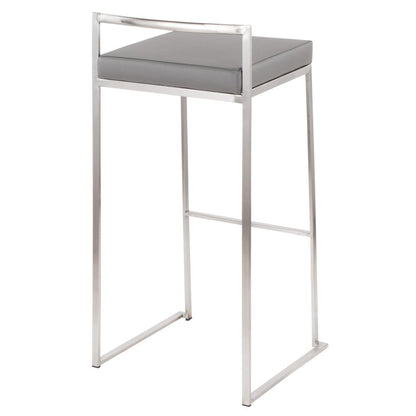 Brushed Stainless Steel, Grey PU Fuji Stacker Barstool - Set of 2