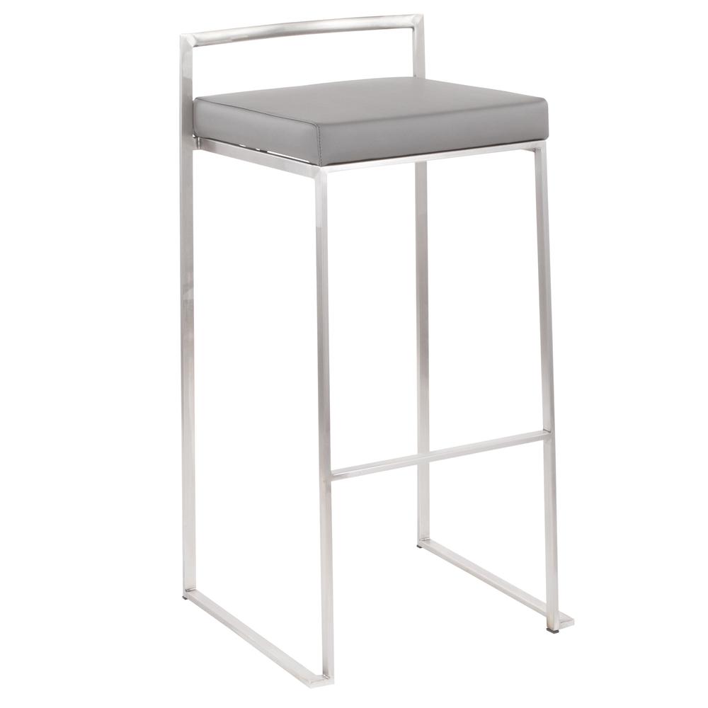 Brushed Stainless Steel, Grey PU Fuji Stacker Barstool - Set of 2
