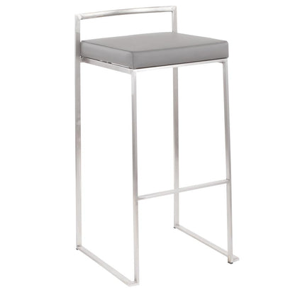 Brushed Stainless Steel, Grey PU Fuji Stacker Barstool - Set of 2