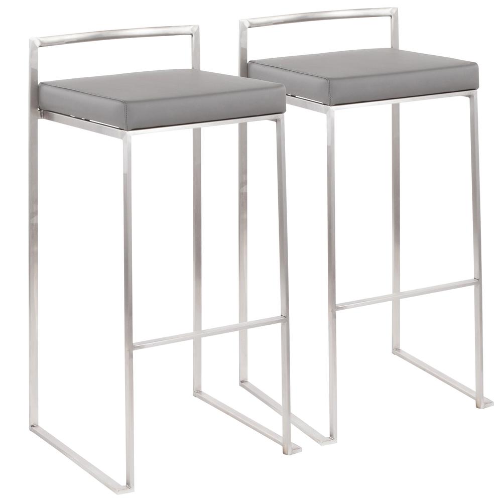 Brushed Stainless Steel, Grey PU Fuji Stacker Barstool - Set of 2