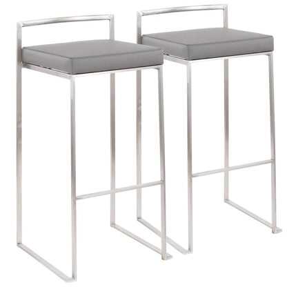 Brushed Stainless Steel, Grey PU Fuji Stacker Barstool - Set of 2