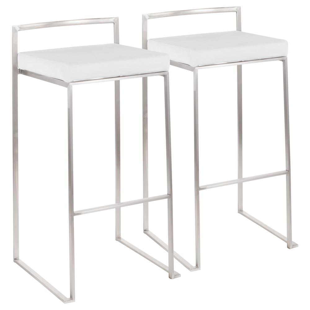Brushed Stainless Steel, White Velvet Fuji Stacker Barstool - Set of 2