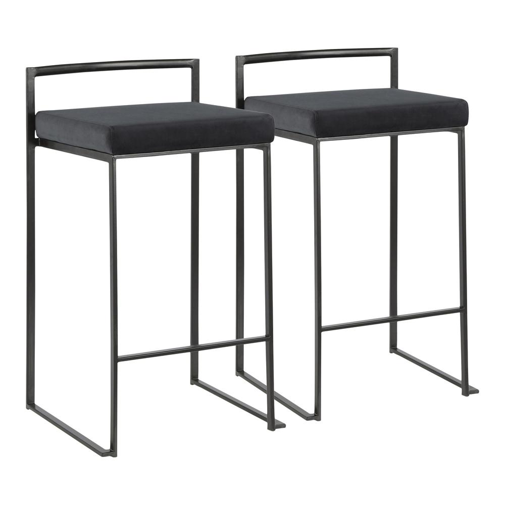 Black Metal, Black Velvet Fuji Stacker Counter Stool - Set of 2