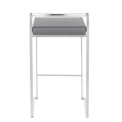 Brushed Stainless Steel, Grey PU Fuji Stacker Counter Stool - Set of 2