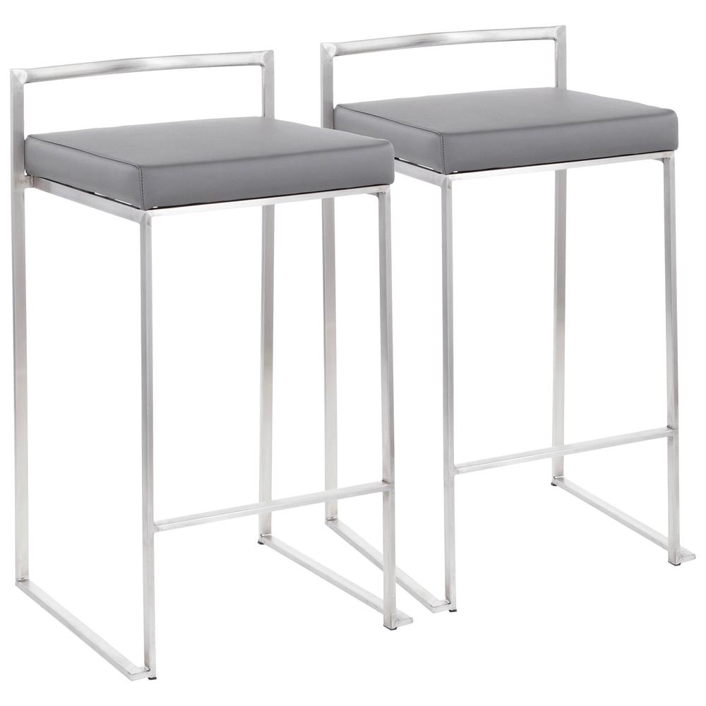 Brushed Stainless Steel, Grey PU Fuji Stacker Counter Stool - Set of 2