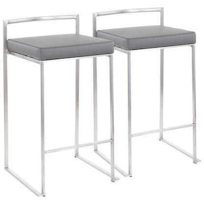 Brushed Stainless Steel, Grey PU Fuji Stacker Counter Stool - Set of 2