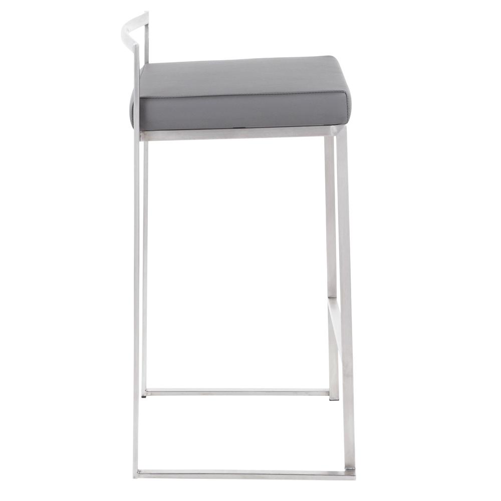 Brushed Stainless Steel, Grey PU Fuji Stacker Counter Stool - Set of 2
