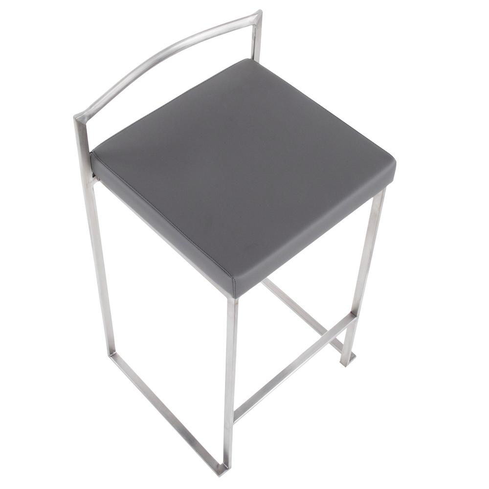 Brushed Stainless Steel, Grey PU Fuji Stacker Counter Stool - Set of 2