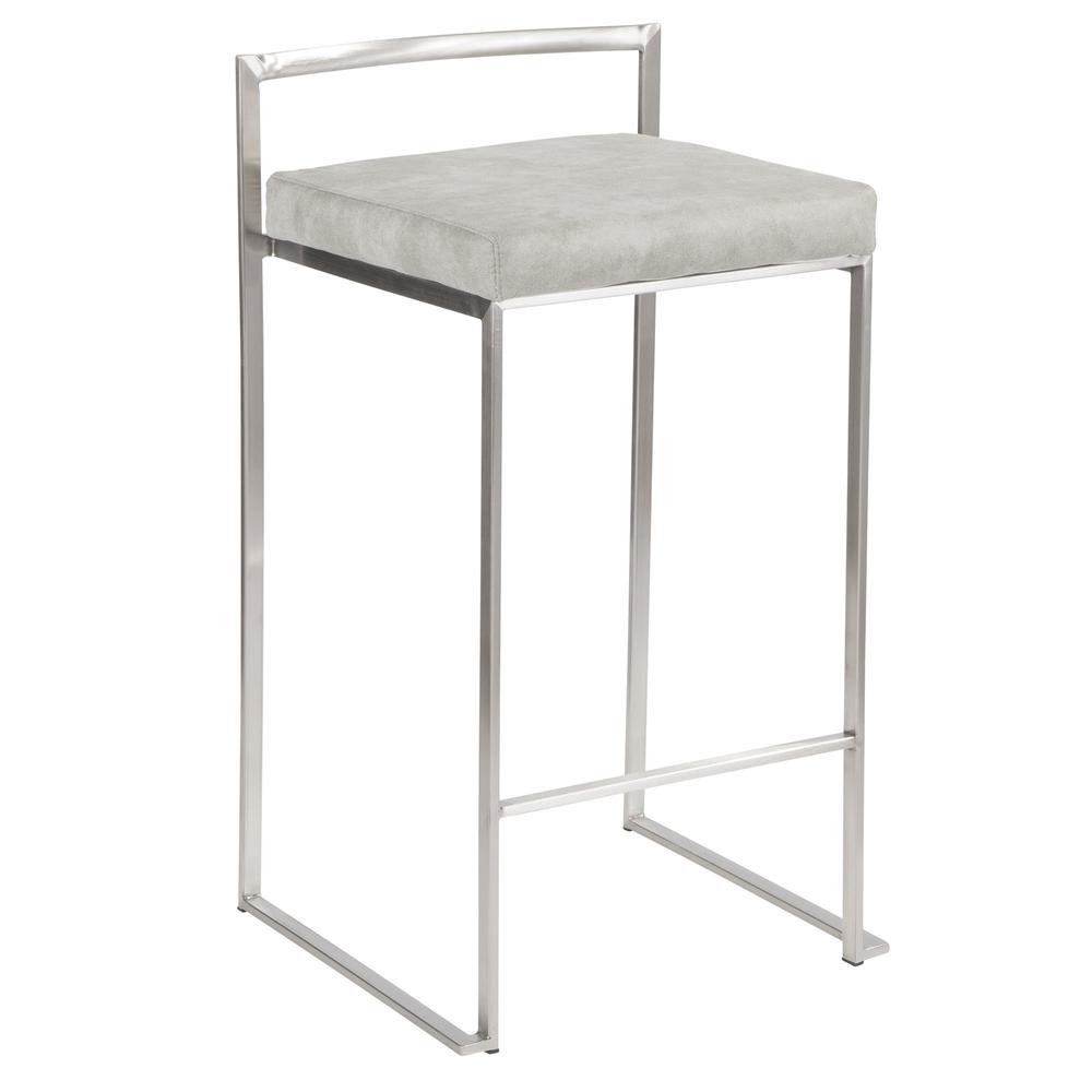 Stainless Steel, Light Grey Cowboy Fabric Fuji Stacker Counter Stool - Set of 2