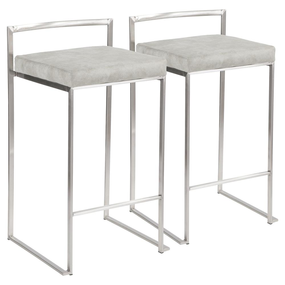 Stainless Steel, Light Grey Cowboy Fabric Fuji Stacker Counter Stool - Set of 2