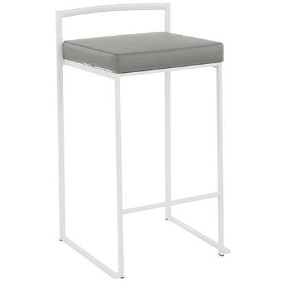 Fuji Contemporary Stackable Counter Stool in White with Grey Faux Leather Cushion - Set of 2