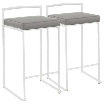 Fuji Contemporary Stackable Counter Stool in White with Grey Faux Leather Cushion - Set of 2