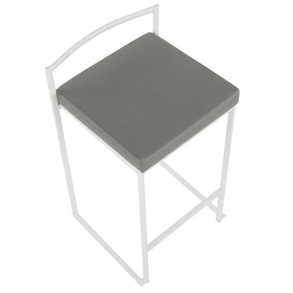 Fuji Contemporary Stackable Counter Stool in White with Grey Faux Leather Cushion - Set of 2