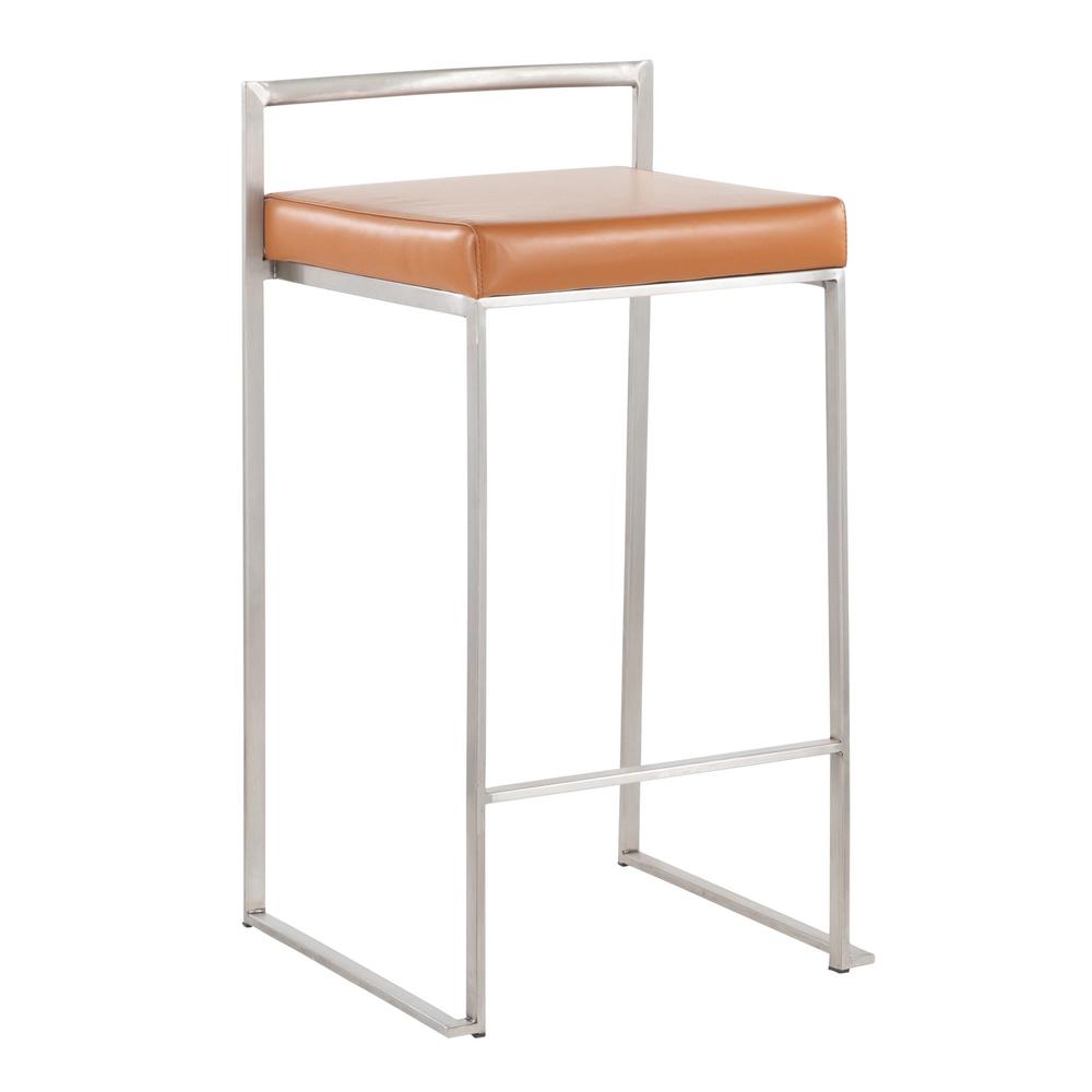 Brushed Stainless Steel, Camel Pu Fuji Stacker Counter Stool - Set of 2