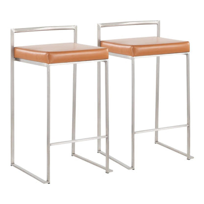 Brushed Stainless Steel, Camel Pu Fuji Stacker Counter Stool - Set of 2