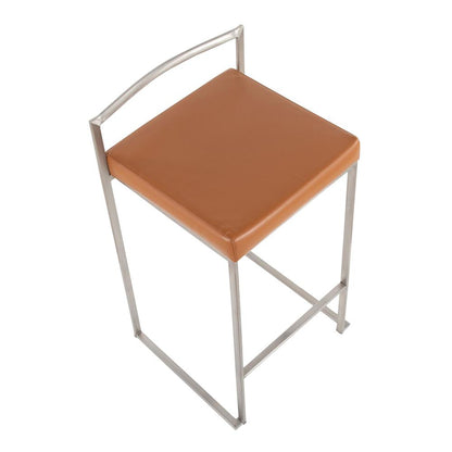 Brushed Stainless Steel, Camel Pu Fuji Stacker Counter Stool - Set of 2