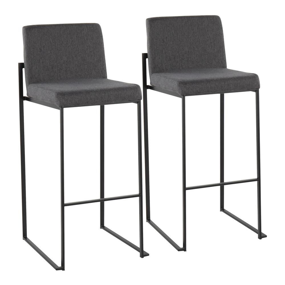 Black Steel, Charcoal Fabric Fuji High Back Barstool - Set of 2