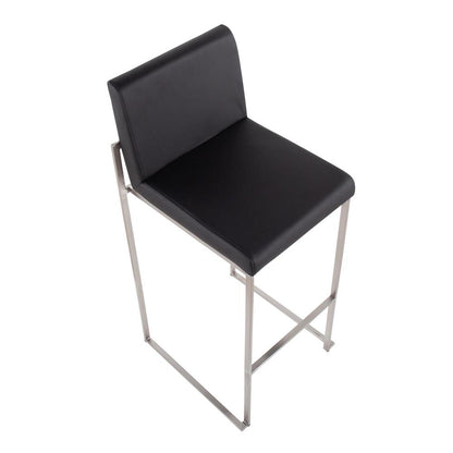 Stainless Steel, Black PU Fuji High Back Barstool - Set of 2