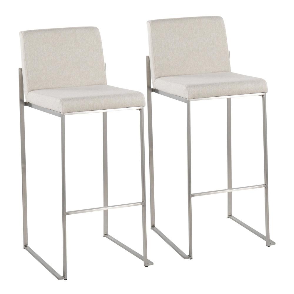 Stainless Steel, Beige Fabric Fuji High Back Barstool - Set of 2