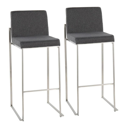 Stainless Steel, Charcoal Fabric Fuji High Back Barstool - Set of 2