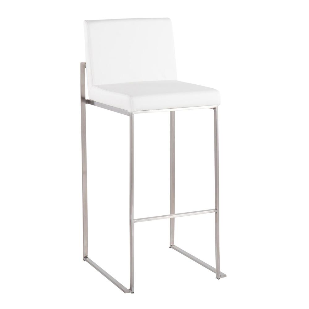 Stainless Steel, White PU Fuji High Back Barstool - Set of 2