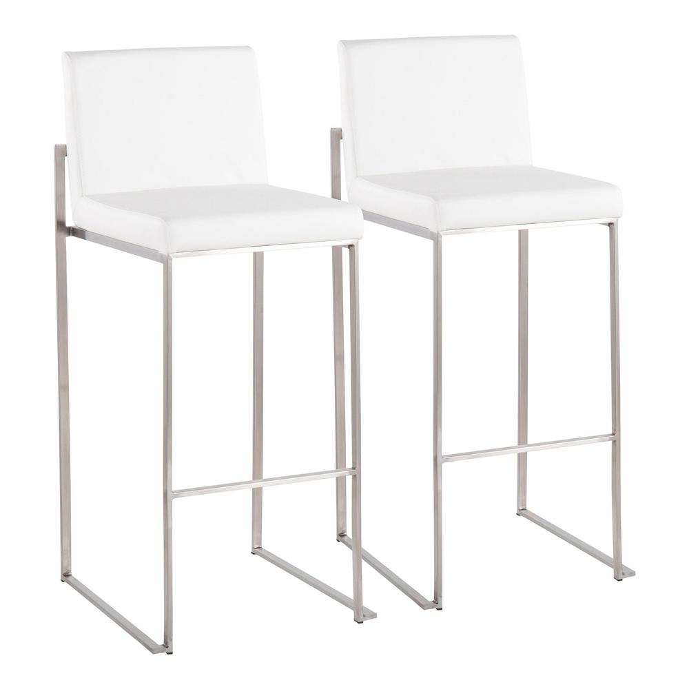 Stainless Steel, White PU Fuji High Back Barstool - Set of 2