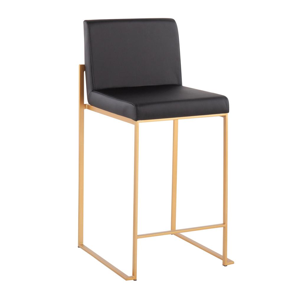 Gold Steel, Black PU Fuji High Back Counter Stool - Set of 2