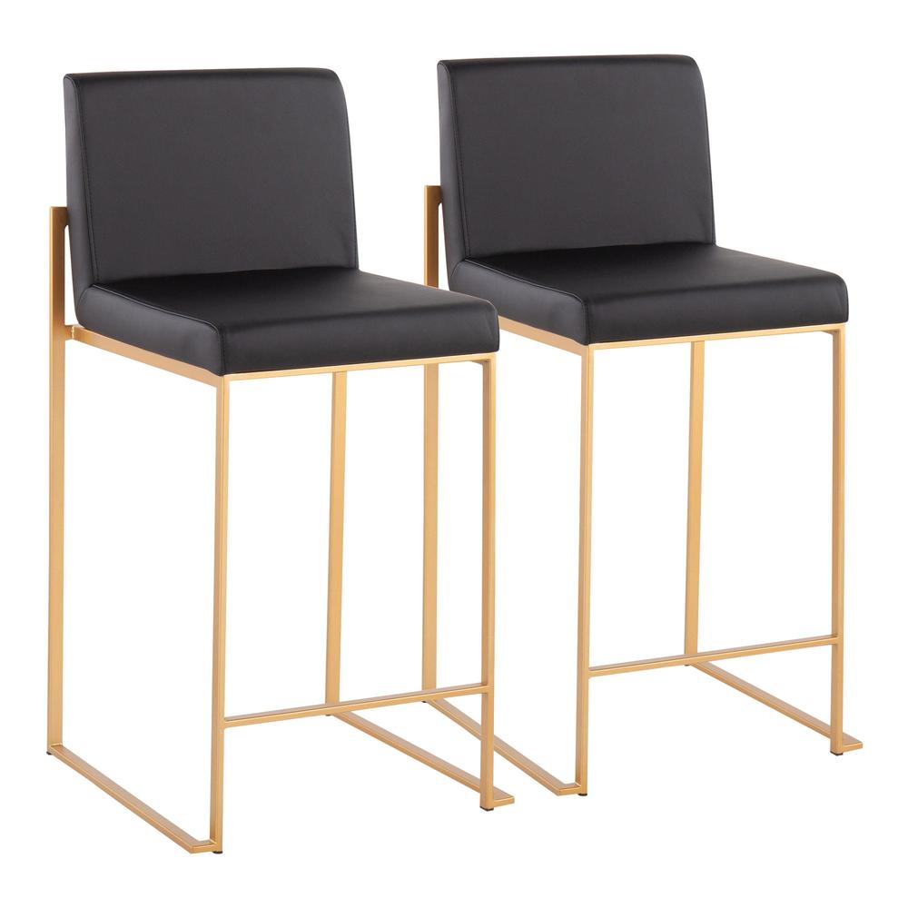 Gold Steel, Black PU Fuji High Back Counter Stool - Set of 2