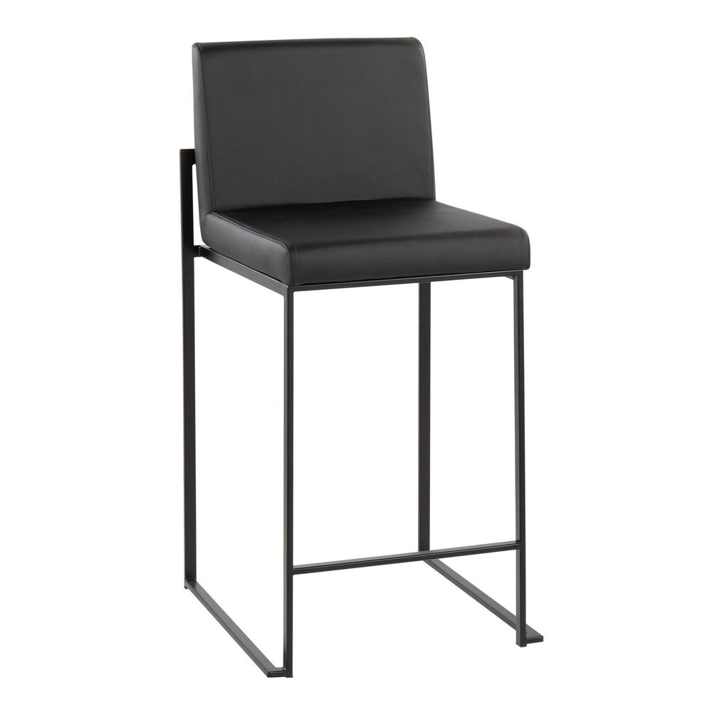 Black Steel, Black PU Fuji High Back Counter Stool - Set of 2