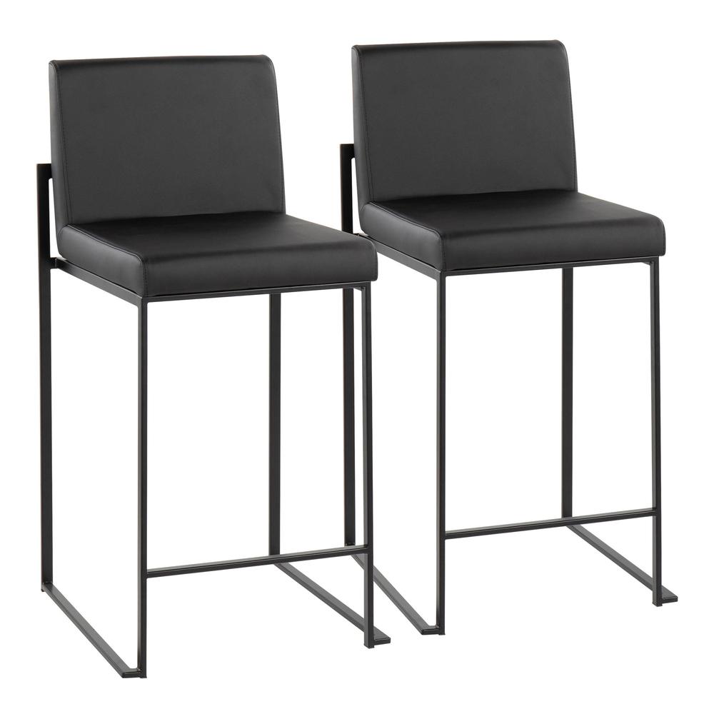 Black Steel, Black PU Fuji High Back Counter Stool - Set of 2