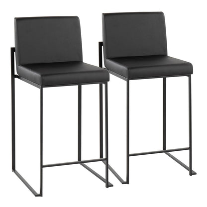 Black Steel, Black PU Fuji High Back Counter Stool - Set of 2