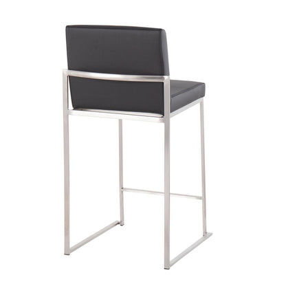 Stainless Steel, Black PU Fuji High Back Counter Stool - Set of 2
