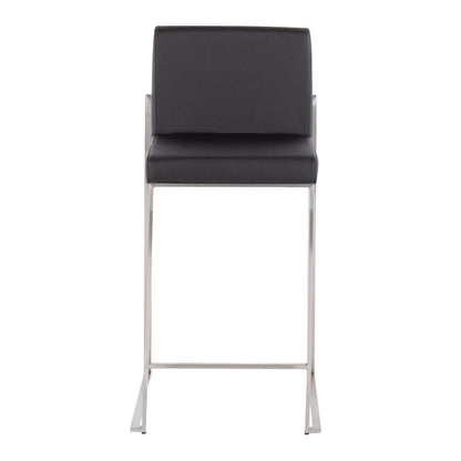 Stainless Steel, Black PU Fuji High Back Counter Stool - Set of 2