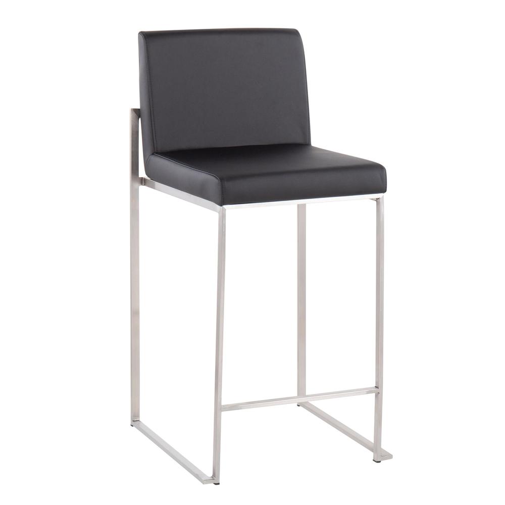 Stainless Steel, Black PU Fuji High Back Counter Stool - Set of 2