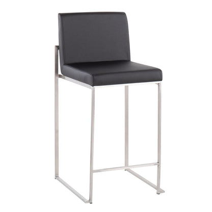 Stainless Steel, Black PU Fuji High Back Counter Stool - Set of 2