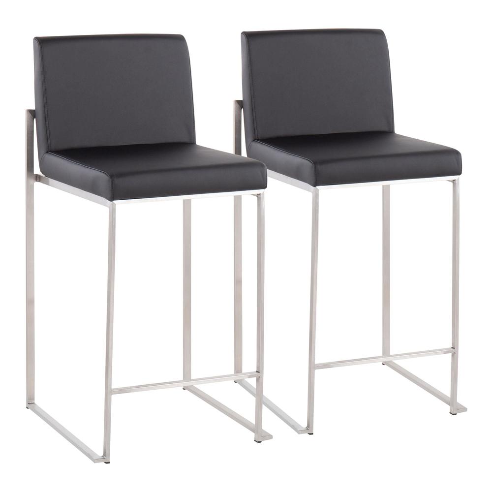 Stainless Steel, Black PU Fuji High Back Counter Stool - Set of 2