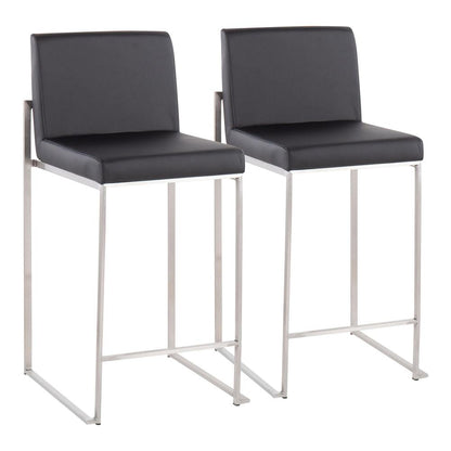 Stainless Steel, Black PU Fuji High Back Counter Stool - Set of 2